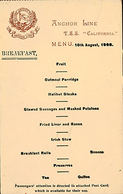 TSS California Breakfast Menu Postcard 10 August 1908