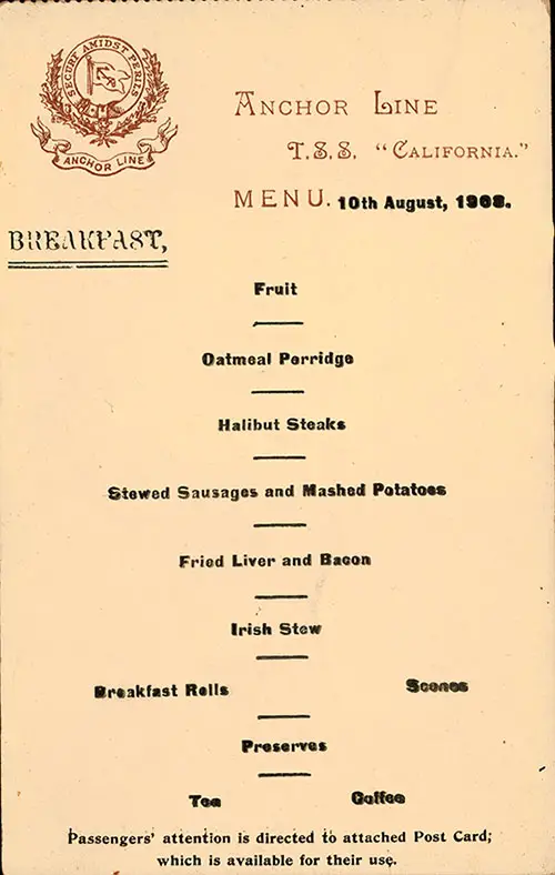 Vintage Breakfast Menu Postcard From 10 August 1908 Onboard the TSS California of the Anchor Line