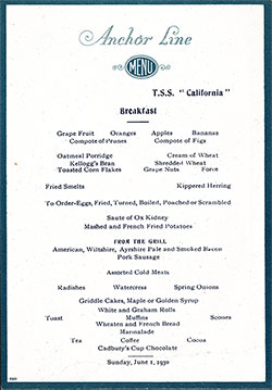 TSS California Breakfast Menu Card 1 June 1930