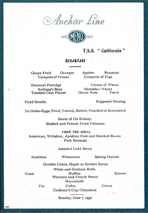 TSS California Breakfast Bill of Fare Card 1 June 1930