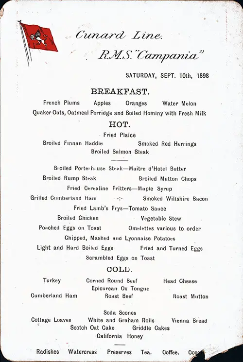RMS Campania Breakfast Bill of Fare Card 10 September 1898