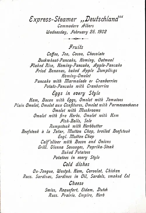 Bill of Fare in English from the Vintage Breakfast Menu From Wednesday, 26 February 1902 for the SS Deutschland of the Hamburg America Line