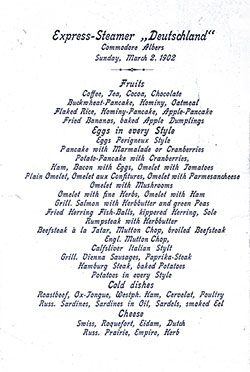 Vintage Breakfast Menu Card From Sunday, 2 March 1902 Onboard the Express Steamer SS Deutschland of the Hamburg America Line