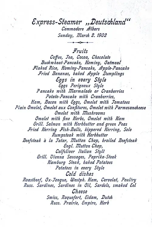 Vintage Breakfast Menu Card From Sunday, 2 March 1902 Onboard the Express Steamer SS Deutschland of the Hamburg America Line