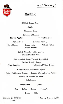 SS Empress of France Breakfast Bill of Fare 25 October 1949