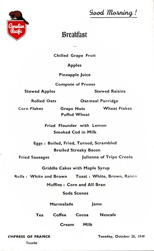 SS Empress of France Breakfast Menu 25 October 1949