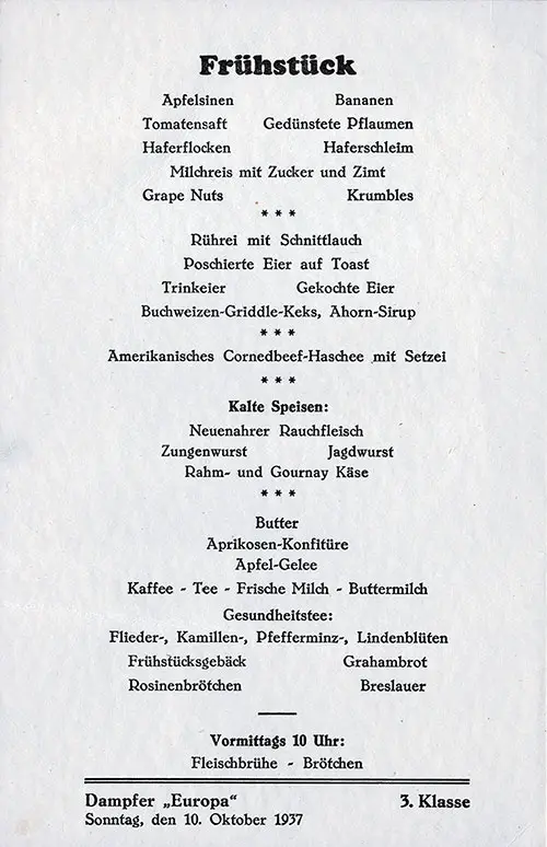 Bill of Fare in German from a Third Class Breakfast for Sunday, 10 October 1937 on the SS Europa of the North German Lloyd.