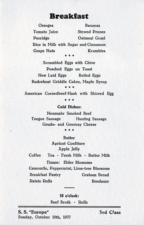 Bill of Fare in English from a Third Class Breakfast for Sunday, 10 October 1937 on the SS Europa of the North German Lloyd.