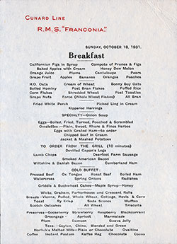 SS Franconia Breakfast Bill of Fare Card 18 October 1931