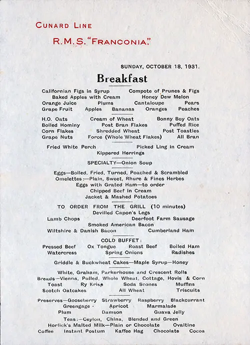 SS Franconia Breakfast Bill of Fare Card 18 October 1931