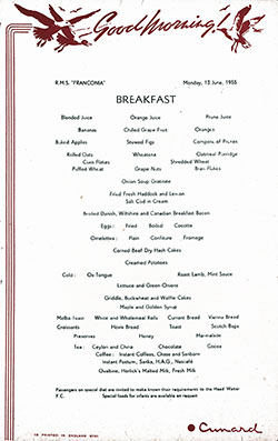 RMS Franconia Breakfast Bill of Fare Card 13 June 1955