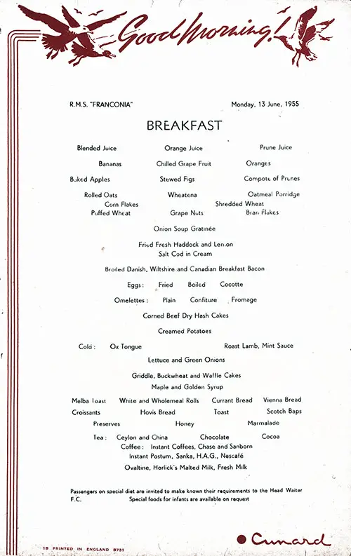 RMS Franconia Breakfast Menu Card 13 June 1955