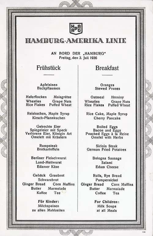 SS Hamburg Breakfast Menu Card 3 July 1936