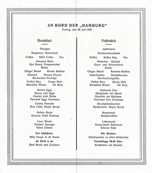 Breakfast Bill of Fare, Written in German and English, for Friday, 30 July 1937 Greeted Passengers on Board the SS Hamburg of the Hamburg America Lin