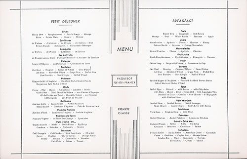 Menu Items, Breakfast Menu, First on the SS Ile de France of the CGT French Line, October 1949.