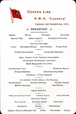 GGA Image ID # 154dc6c730 RMS Laconia Breakfast Menu Card 8 September 1914
