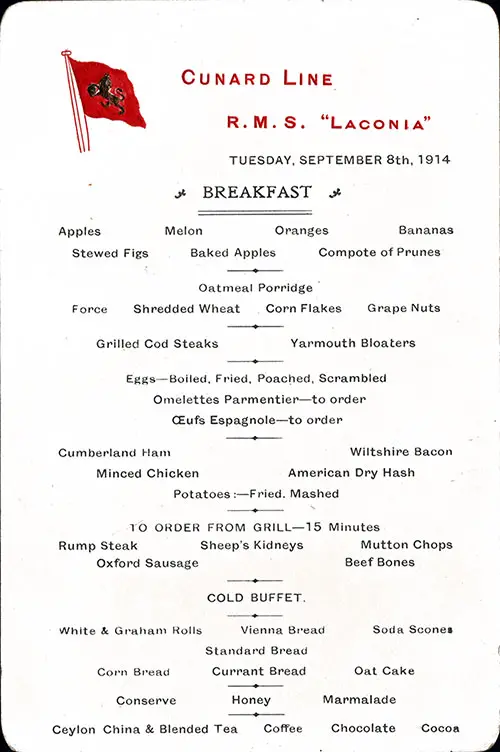 RMS Laconia Breakfast Bill of Fare Card 8 September 1914