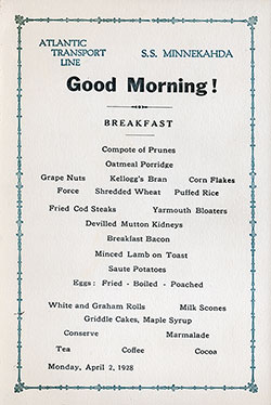 SS Minnekahda Breakfast Bill of Fare Card 31 March 1928