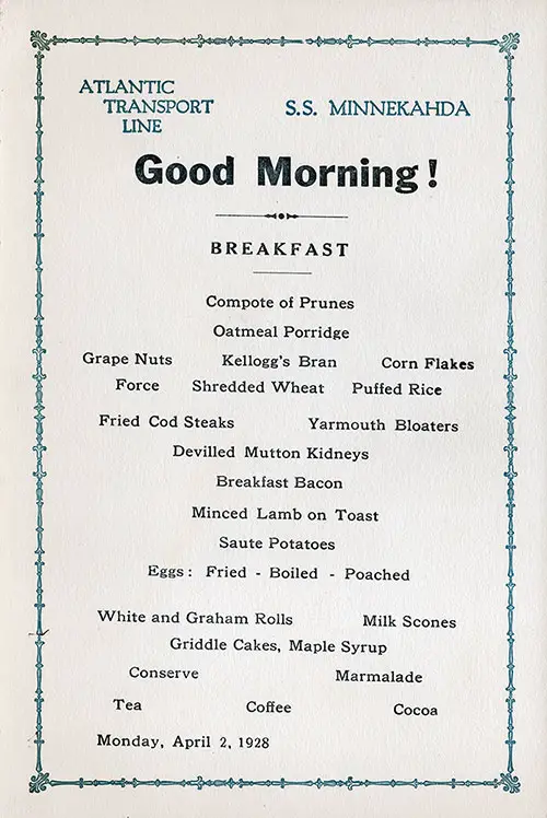 SS Minnekahda Breakfast Menu Card 31 March 1928