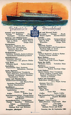GGA Image ID # 130008ed39 Breakfast Menu Card, on the SS Stattgart of the Norddeutscher Lloyd/North German Lloyd, Sunday, 28 September 1930.