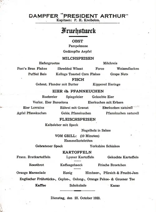 German Langage Version of the Vintage Breakfast Bill of Fare From Friday, 26 October 1923 Onboard the SS President Arthur of the United States Lines.