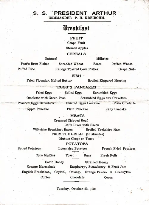 Breakfast Bill of Fare in English From Tuesday, 23 October 1923 Onboard the SS President Arthur of the United States Lines.