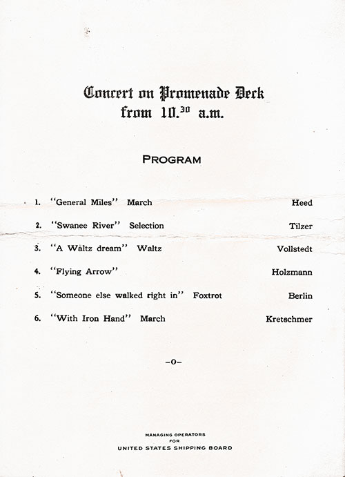 Program for Concert on Promenade Deck of the SS President Arthur 1923