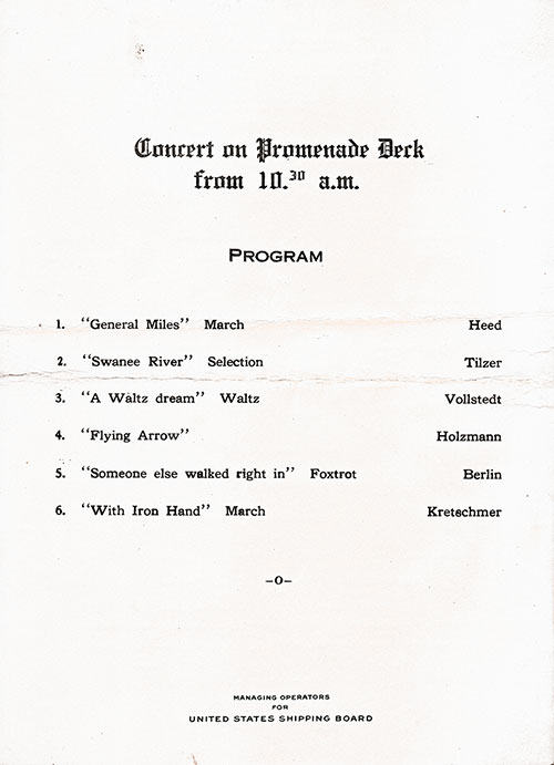 Concert on Promenade Deck On Friday, 26 October 1923 at 10.30 a.m. Onboard the SS President Arthur of the United States Lines.