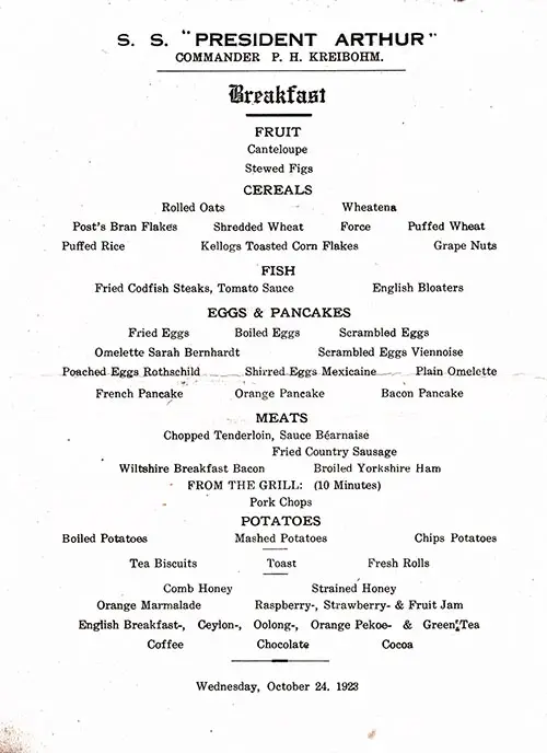 Vintage Breakfast Bill of Fare Items From Tuesday, 24 October 1923 for the SS President Arthur of the United States Lines.