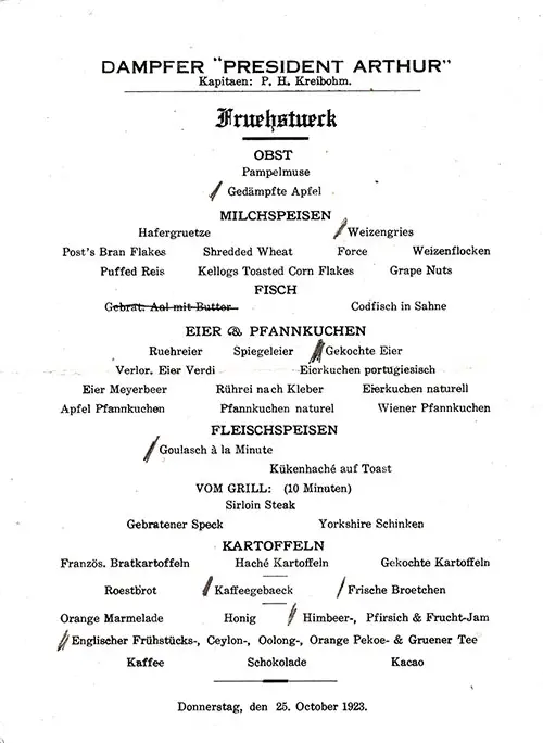 German Language Version of the Vintage Breakfast Bill of Fare from Thursday, 25 October 1923 for the SS President Arthur of the United States Lines.