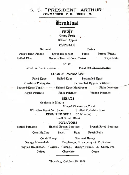 English Version of the Vintage Breakfast Bill of Fare from Thursday, 25 October 1923 for the SS President Arthur of the United States Lines.