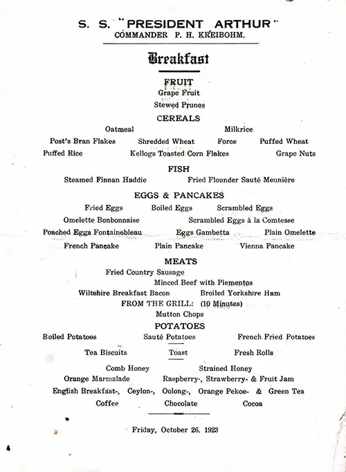 English Langage Version of the Vintage Breakfast Bill of Fare From Friday, 26 October 1923 Onboard the SS President Arthur of the United States Lines.