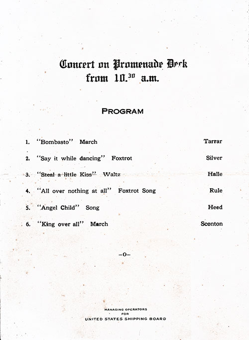 Concert on Promenade Deck Program From Saturday, 27 October 1923 at 10:30 a.m. Onboard the SS President Arthur of the United States Lines.