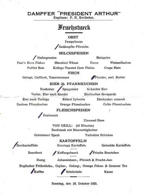 German Language Version of a Breakfast Menu From Sunday, 28 October 1923 Onboard the SS President Arthur of the United States Lines.
