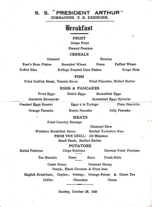 English Language Version of a Breakfast Menu From Sunday, 28 October 1923 Onboard the SS President Arthur of the United States Lines.