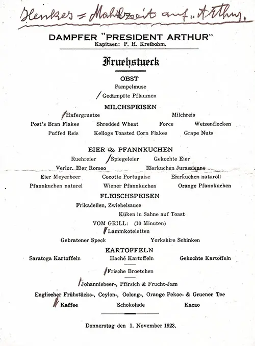 German Language Version of a Vintage Breakfast Menu From Thursday, 1 November 1923 Onboard the SS President Arthur of the United States Lines.