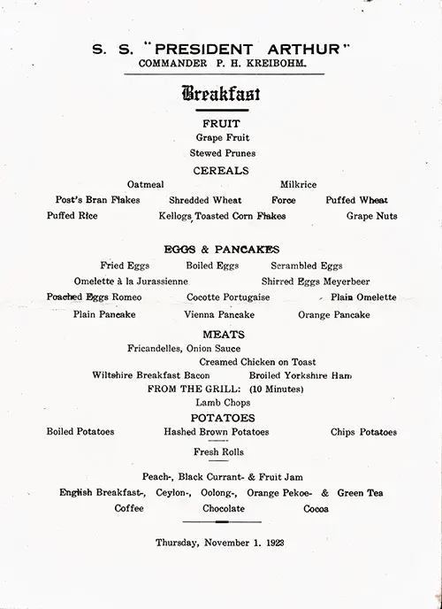 English Language Version of a Vintage Breakfast Menu From Thursday, 1 November 1923 Onboard the SS President Arthur of the United States Lines.