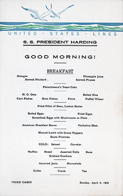 Breakfast Bill of Fare Card, SS President Harding, United States Lines, April 1934, Third Class