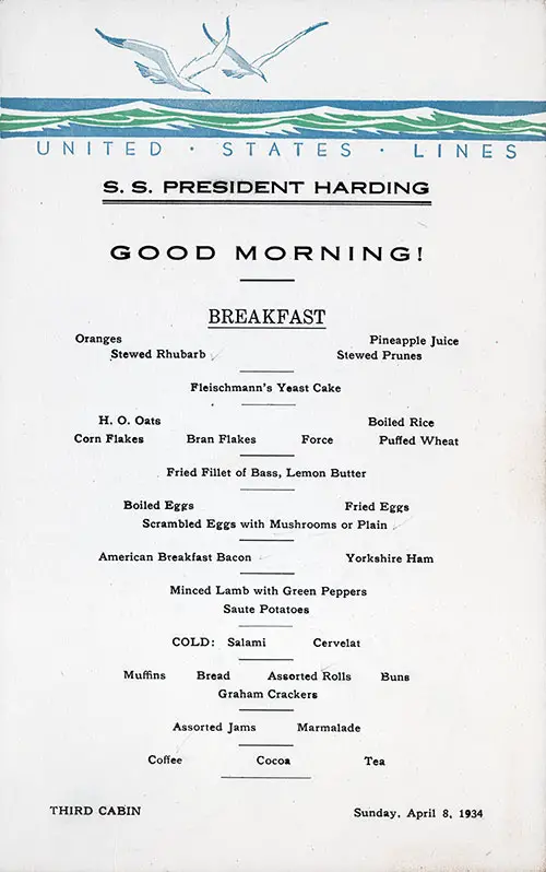 Breakfast Menu Card, SS President Harding, United States Lines, April 1934, Third Class