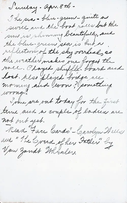 A Daily Diary Entry for a Third Class Passenger, Written on the Backside of a Vintage Breakfast Menu Card From Sunday, 8 April 1934 Onboard the SS President Harding of the United States Lines.