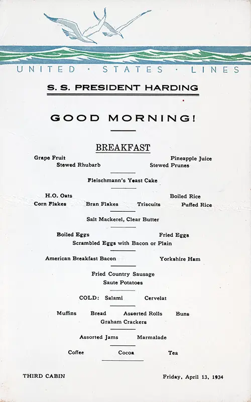 Vintage Third Cabin Breakfast Menu Card From Friday, 13 April 1934 Onboard the SS President Harding.