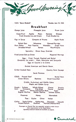 RMS Queen Elizabeth Breakfast Bill of Fare Card 19 June 1952