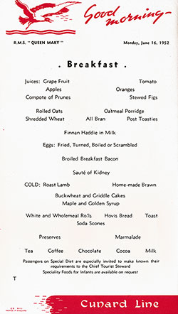 Breakfast Bill of Fare Card, RMS Queen Mary, Cunard Line, June 1952