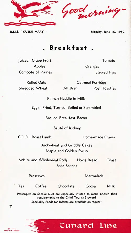 Breakfast Menu Card, RMS Queen Mary, Cunard Line, June 1952