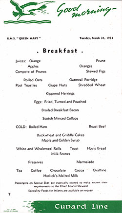 RMS Queen Mary Breakfast Menu Card 31 March 1953