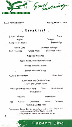 RMS Queen Mary Breakfast Bill of Fare Card 31 March 1953