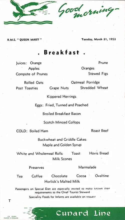 RMS Queen Mary Breakfast Menu Card 31 March 1953