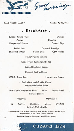RMS Queen Mary Breakfast Menu Card 2 April 1953