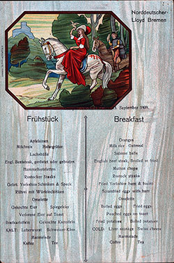 Menu Cover, Breakfast Menu, Norddeutscer Lloyd Bremen SS Rhein - 1909