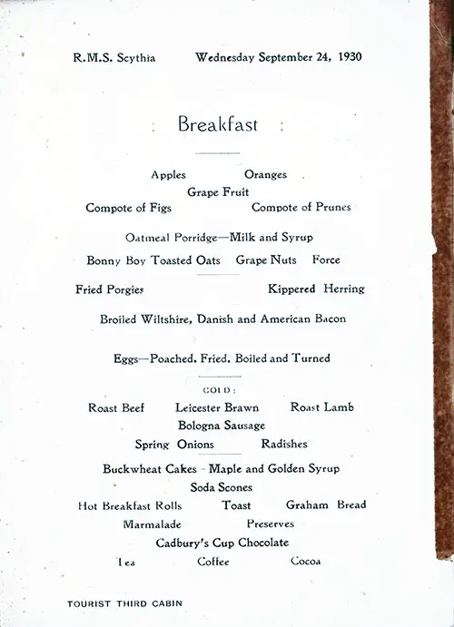 Tourist Third Cabin Breakfast Menu Items, RMS Scythia, Wednesday, 24 September 1930.